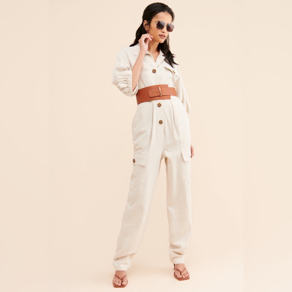 Free People Linen Jumpsuit XS Small Raglan Sleeve Utility Beige Cream